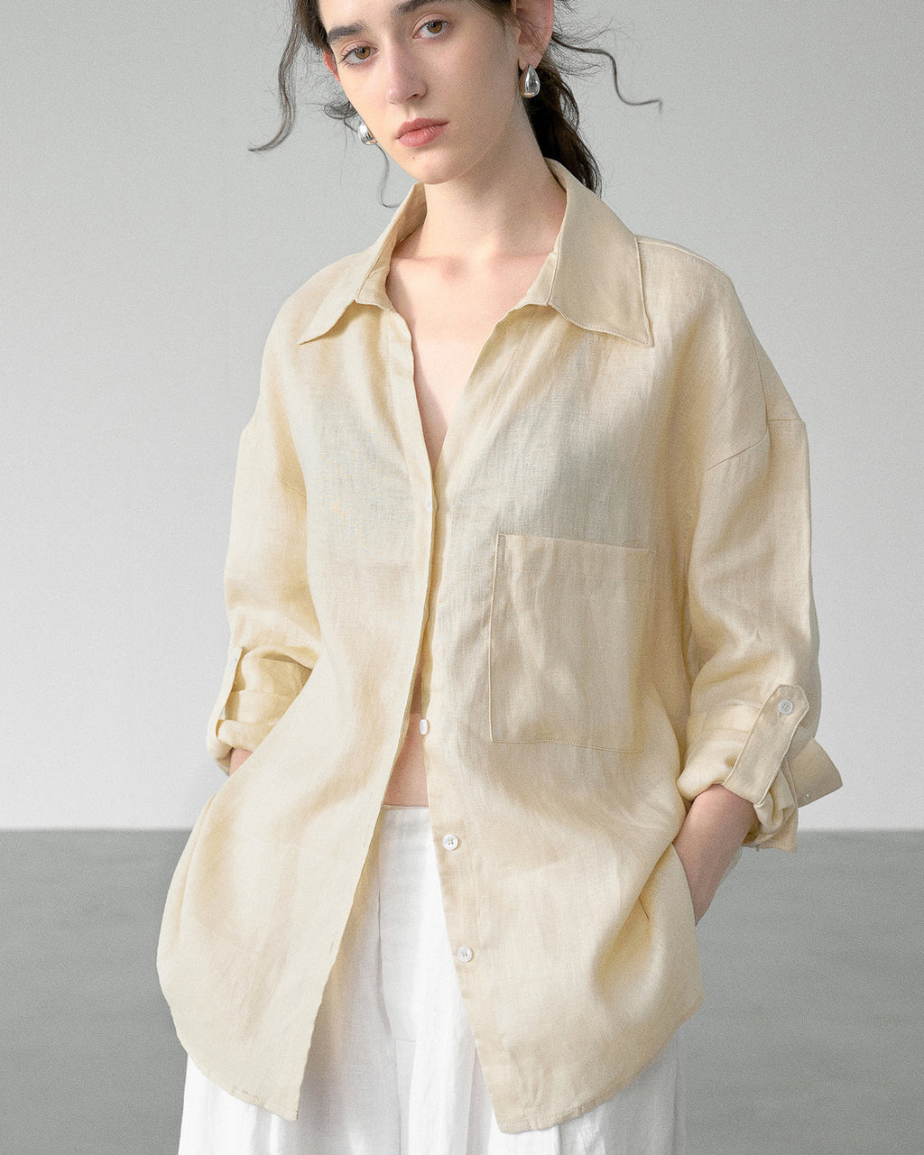 -linen- リラクシーロングシャツ 〈ライトイエロー〉