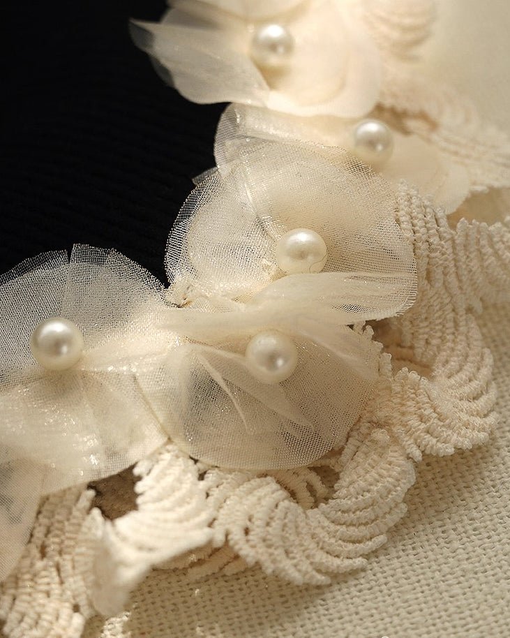 パール&刺繍フレンチトップス - ivonir