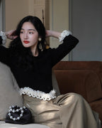 パール&刺繍フレンチトップス - ivonir