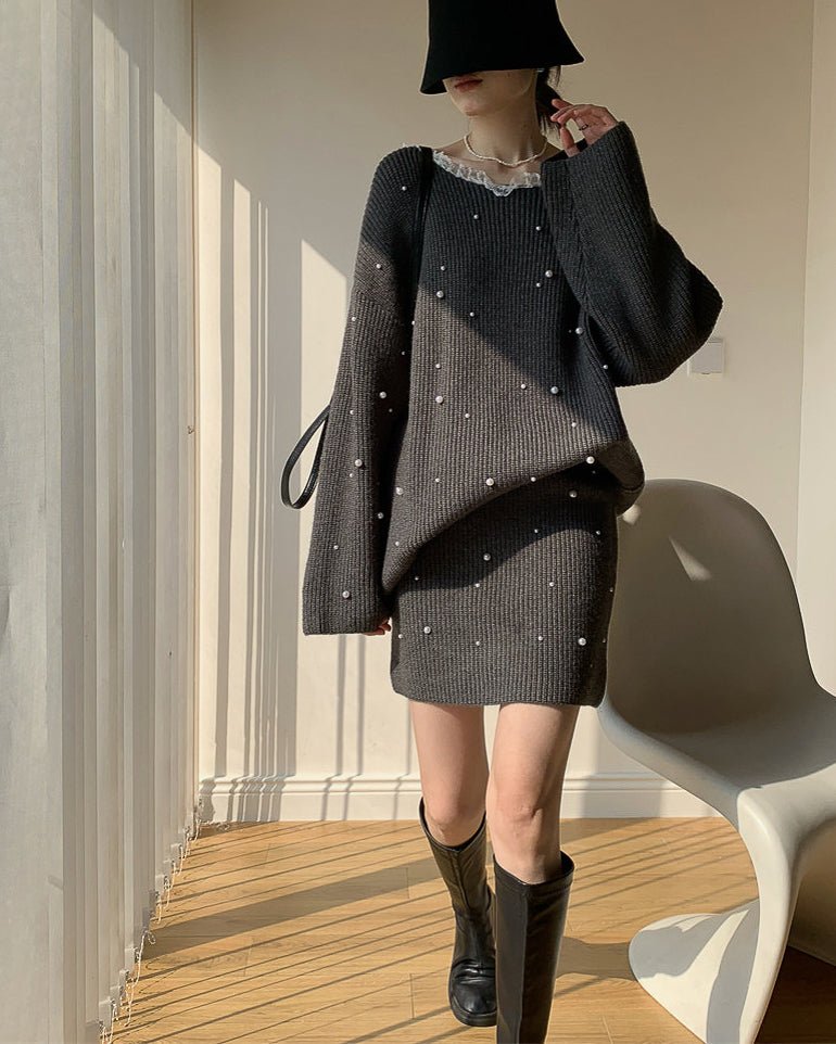 ニットアップ・パールセーター/スカート〈ツーピースセット〉 - ivonir