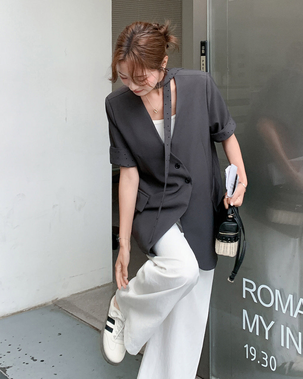 ノーカラー５分袖ジャケット-charcoal gray-