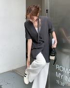 ノーカラー５分袖ジャケット-charcoal gray-