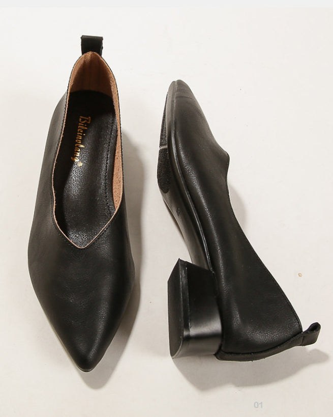 【本革】レザーVカット ローヒールパンプス