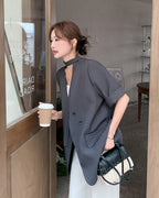 ノーカラー５分袖ジャケット-charcoal gray-