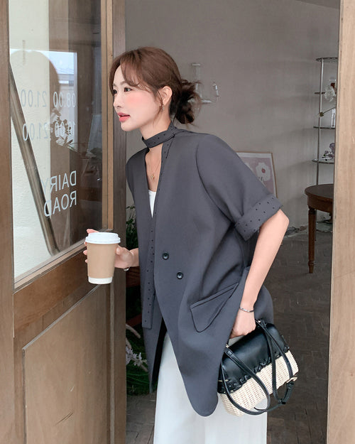 ノーカラー５分袖ジャケット-charcoal gray-
