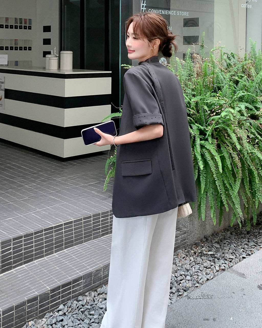 ノーカラー５分袖ジャケット-charcoal gray-