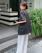ノーカラー５分袖ジャケット-charcoal gray-