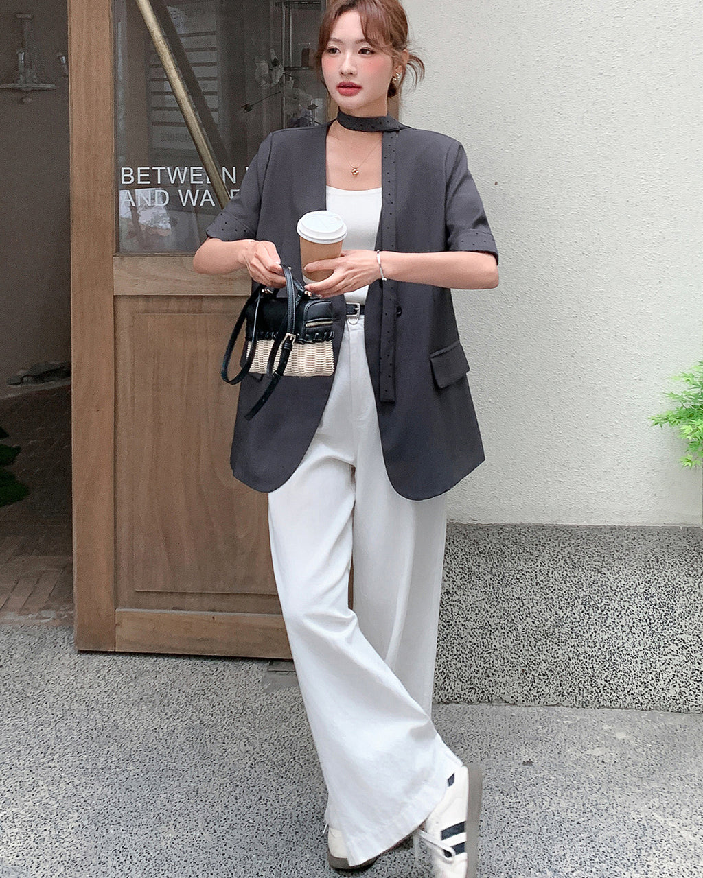 ノーカラー５分袖ジャケット-charcoal gray-