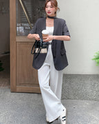 ノーカラー５分袖ジャケット-charcoal gray-