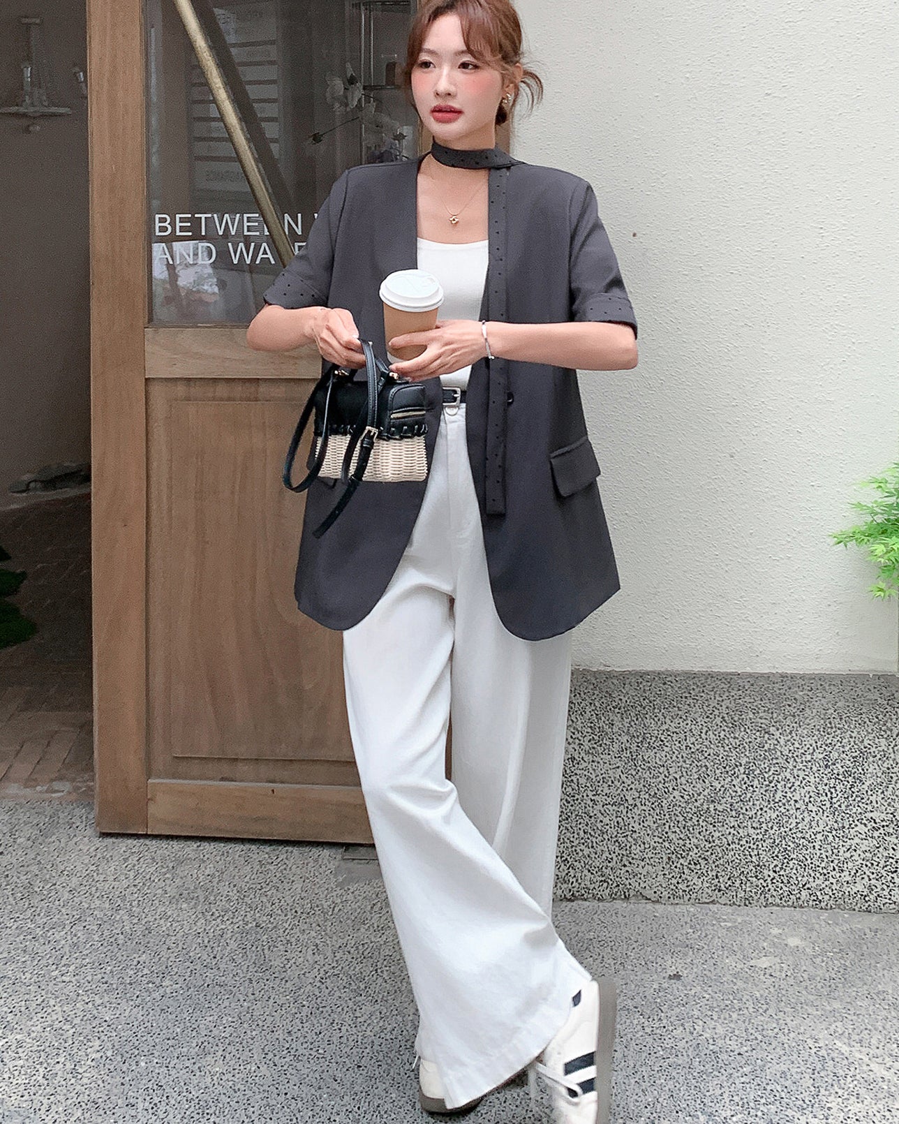 ノーカラー５分袖ジャケット-charcoal gray-