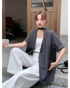 ノーカラー５分袖ジャケット-charcoal gray-