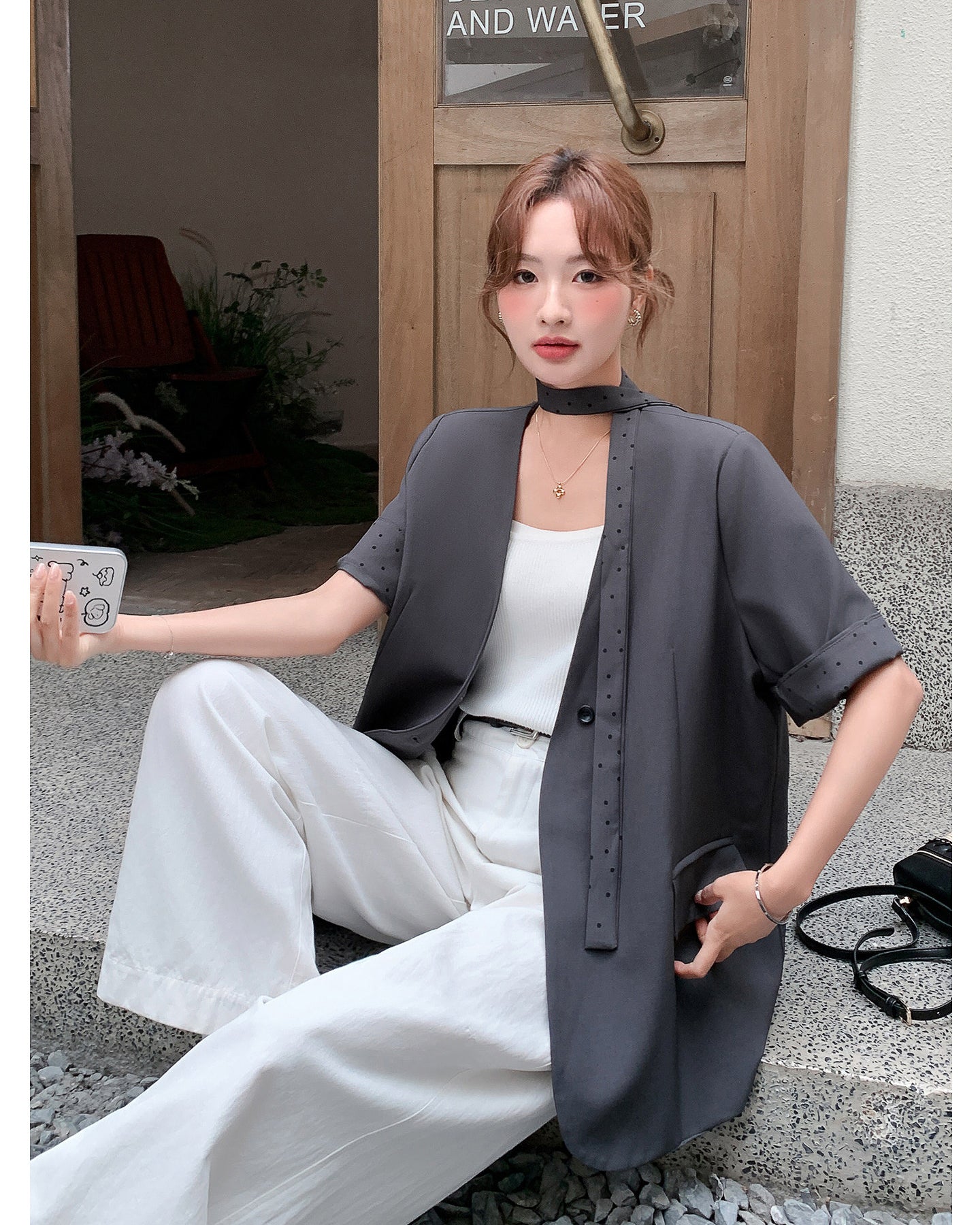 ノーカラー５分袖ジャケット-charcoal gray-