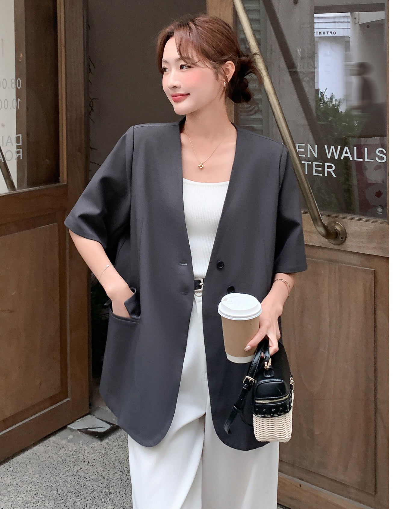 ノーカラー５分袖ジャケット-charcoal gray-