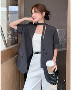 ノーカラー５分袖ジャケット-charcoal gray-