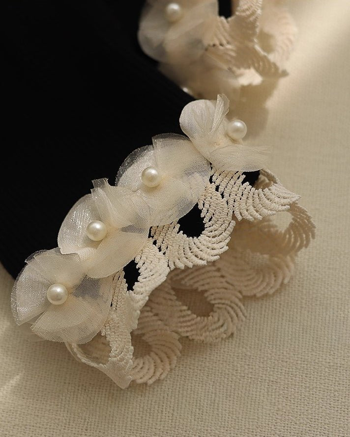 パール&刺繍フレンチトップス - ivonir