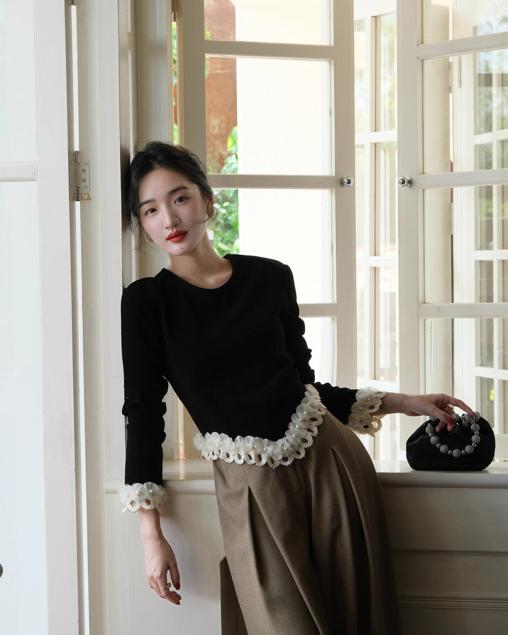 パール&刺繍フレンチトップス - ivonir