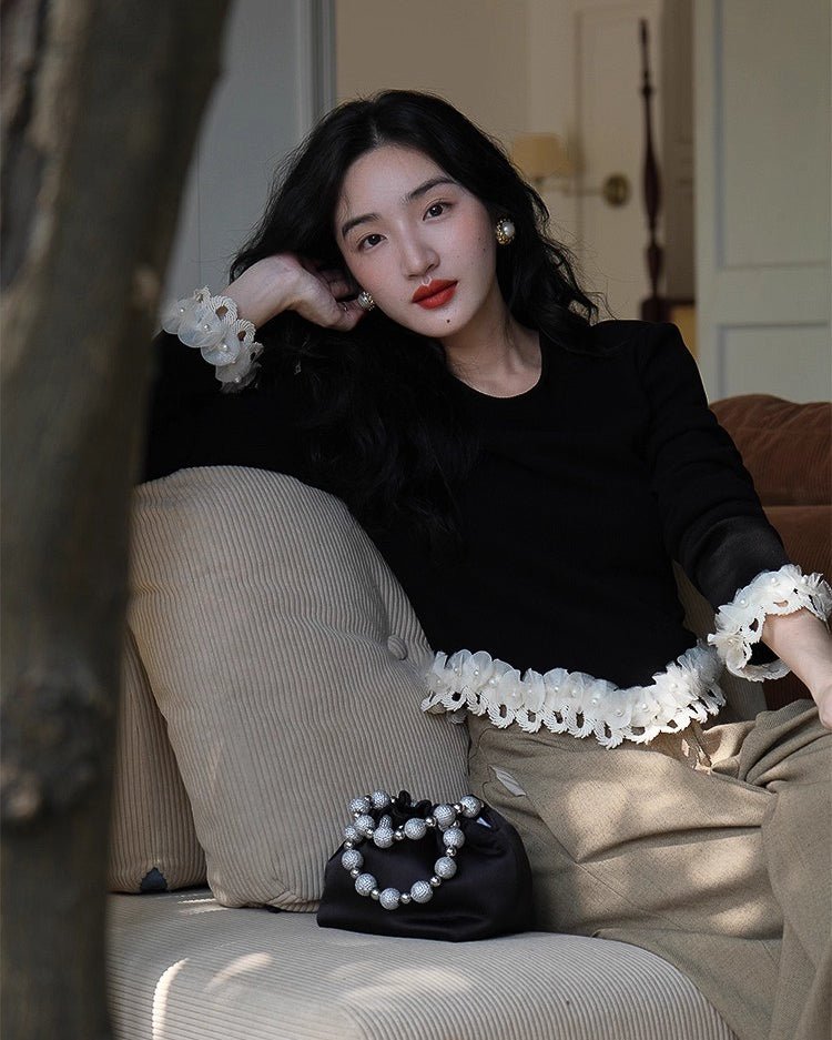 パール&刺繍フレンチトップス - ivonir