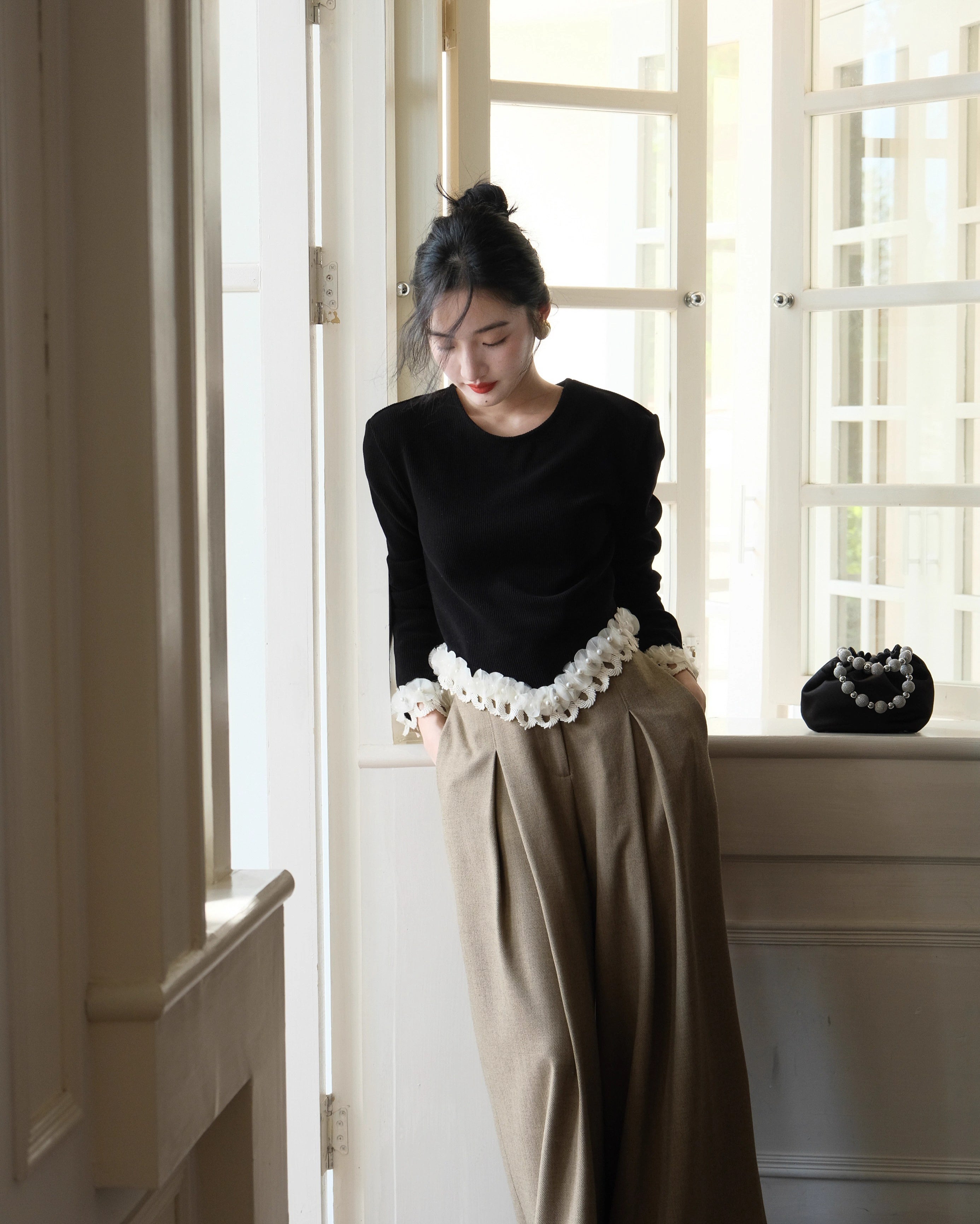 パール&刺繍フレンチトップス - ivonir