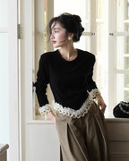 パール&刺繍フレンチトップス - ivonir