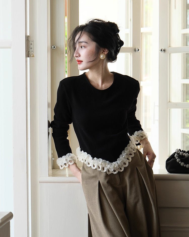 パール&刺繍フレンチトップス - ivonir