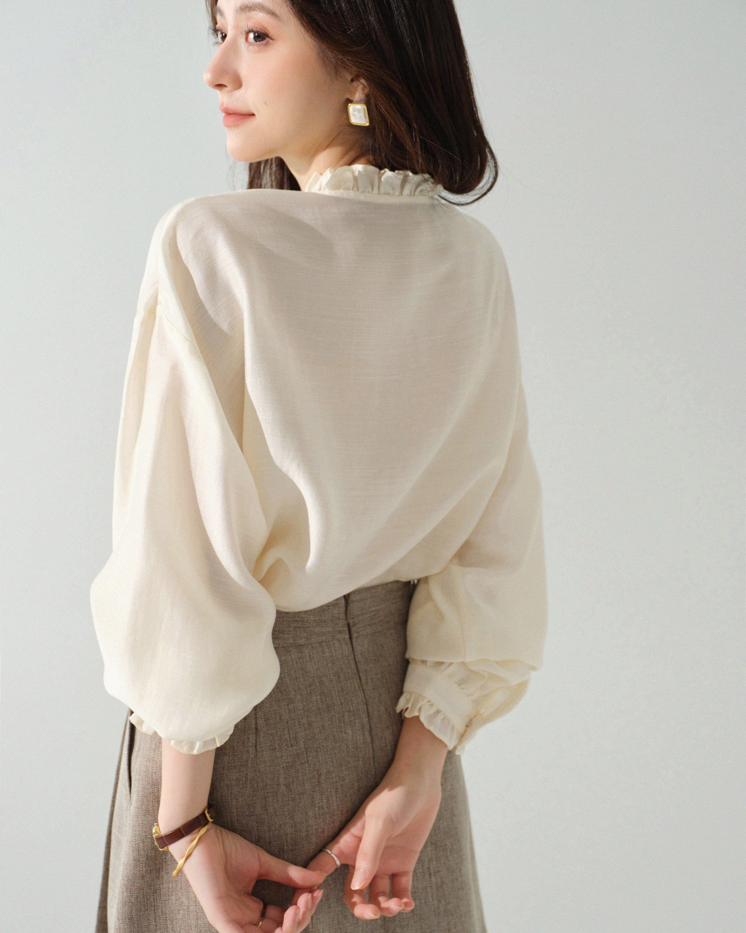 レースアップ刺繍ブラウス - Ivory - ivonir