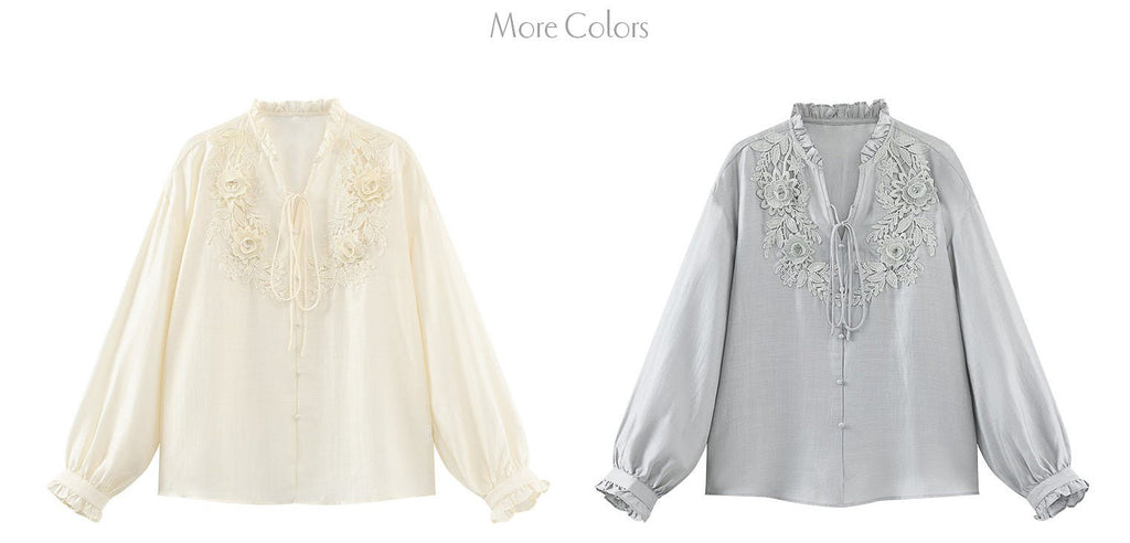 レースアップ刺繍ブラウス - Ivory - ivonir
