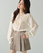 レースアップ刺繍ブラウス - Ivory - ivonir