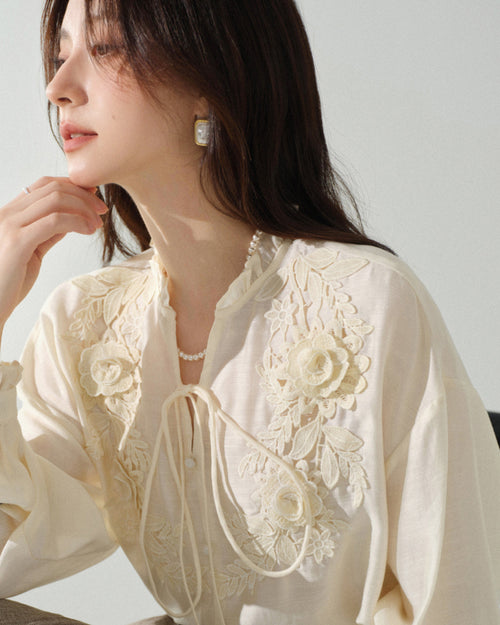 レースアップ刺繍ブラウス - Ivory - ivonir