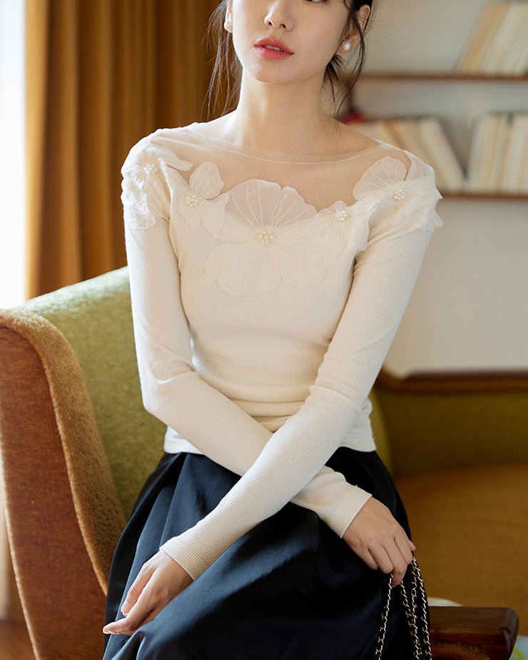 メッシュフラワーモチーフトップス - romantic - ivonir