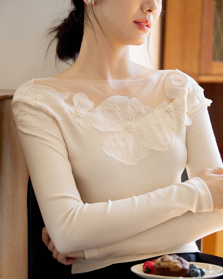 メッシュフラワーモチーフトップス - romantic - ivonir