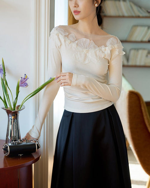 メッシュフラワーモチーフトップス - romantic - ivonir