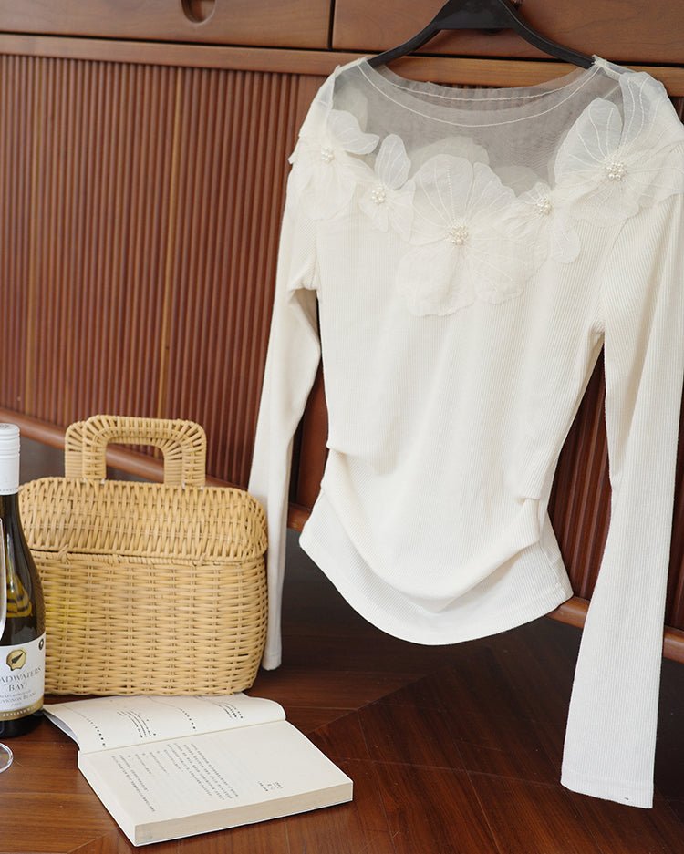 メッシュフラワーモチーフトップス - romantic - ivonir