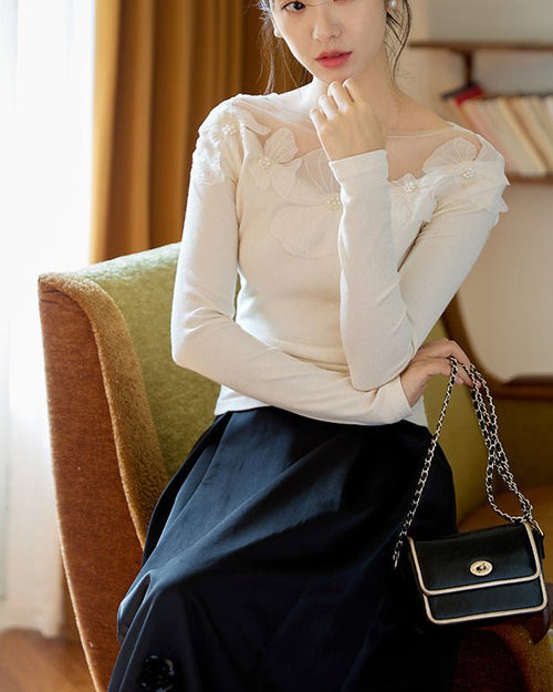 メッシュフラワーモチーフトップス - romantic - ivonir