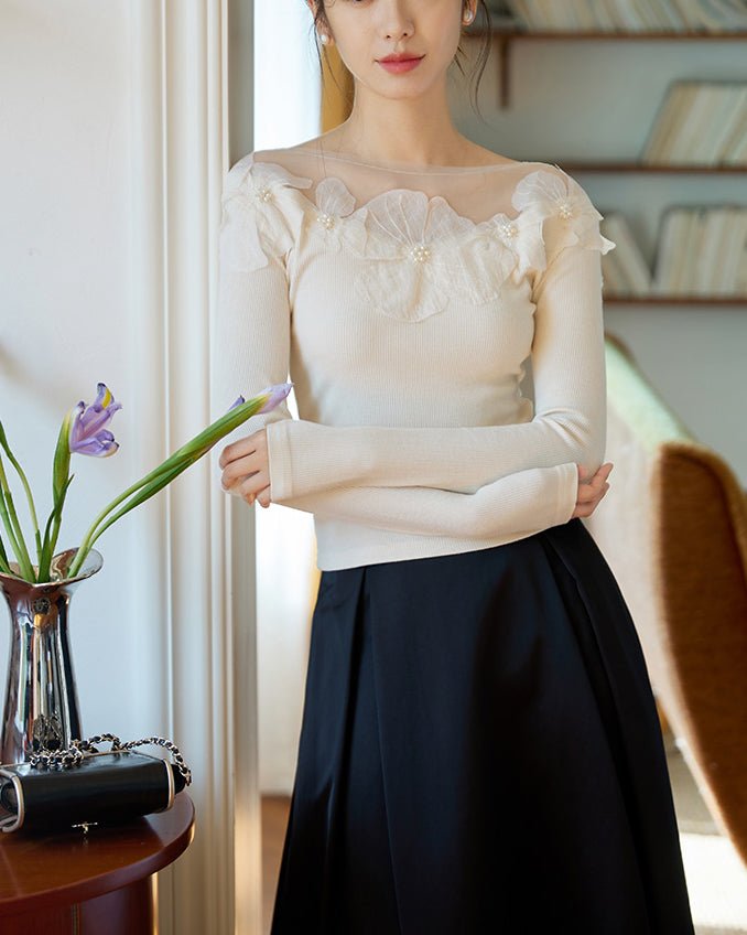 メッシュフラワーモチーフトップス - romantic - ivonir