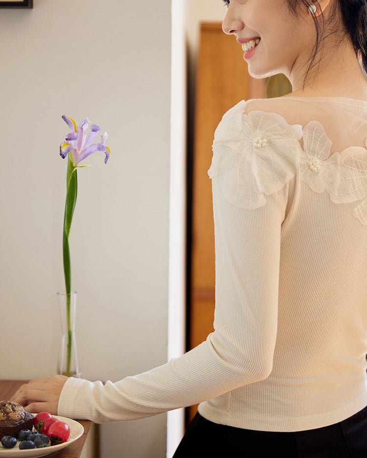 メッシュフラワーモチーフトップス - romantic - ivonir