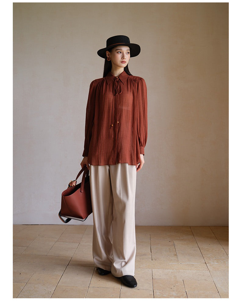 ★シャーリング ロングシャツ〈ボルドーレッド〉