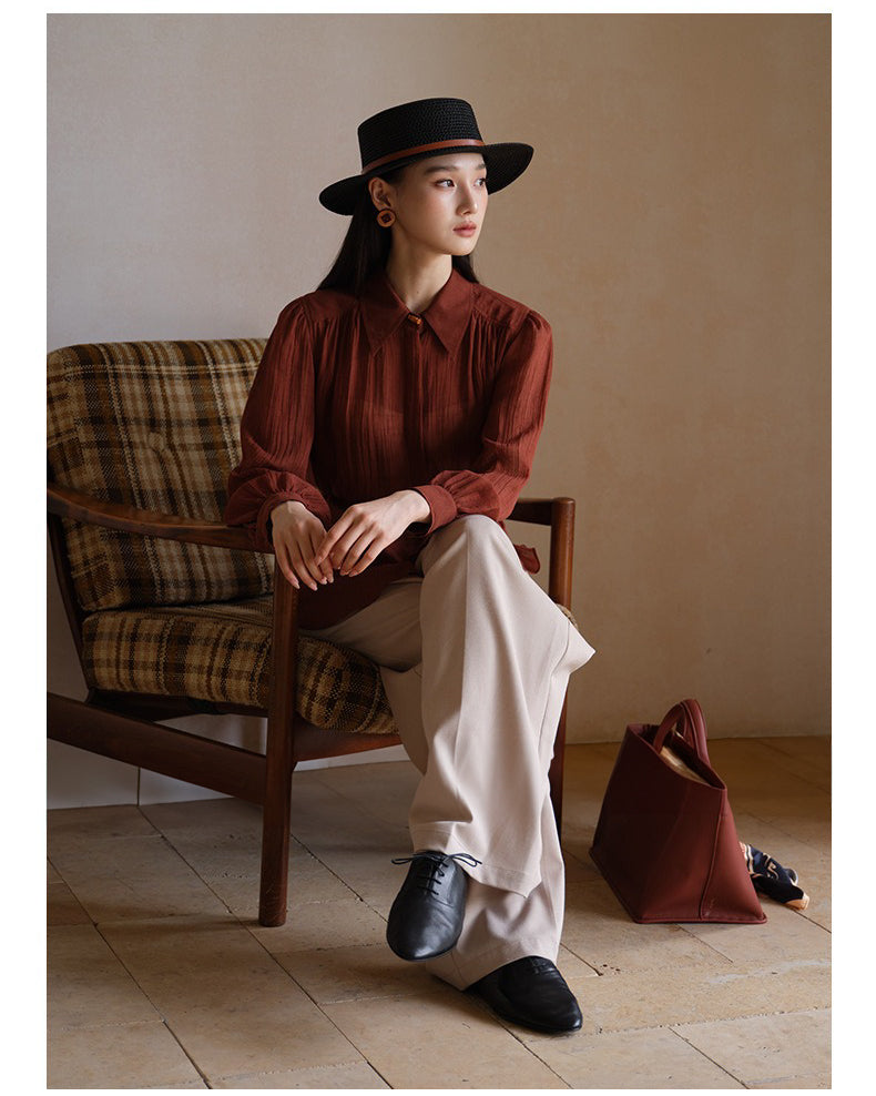 ★シャーリング ロングシャツ〈ボルドーレッド〉