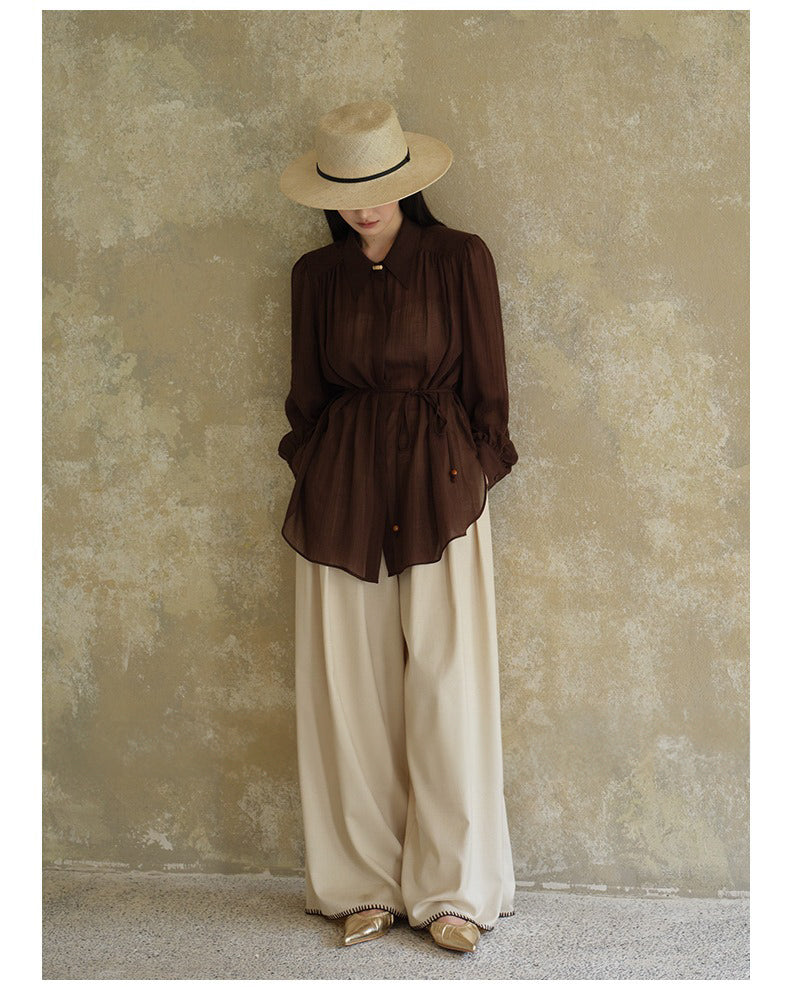 ★シャーリング ロングシャツ〈ディープブラウン〉