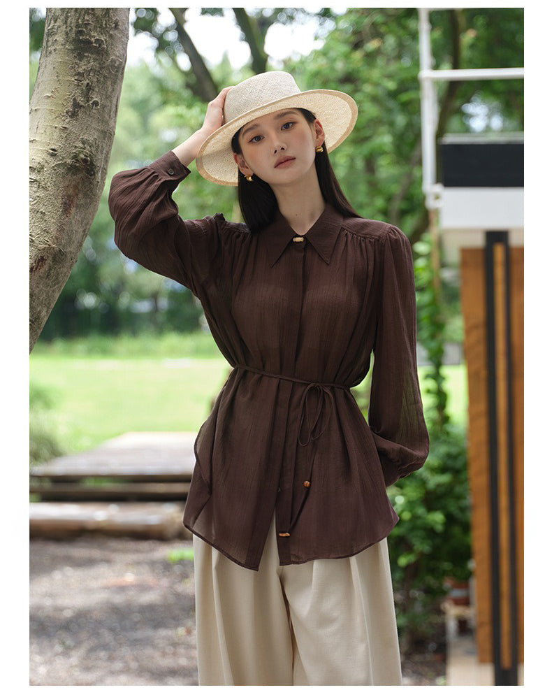 ★シャーリング ロングシャツ〈ディープブラウン〉