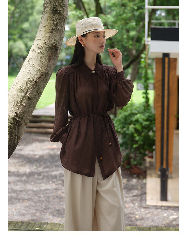 ★シャーリング ロングシャツ〈ディープブラウン〉